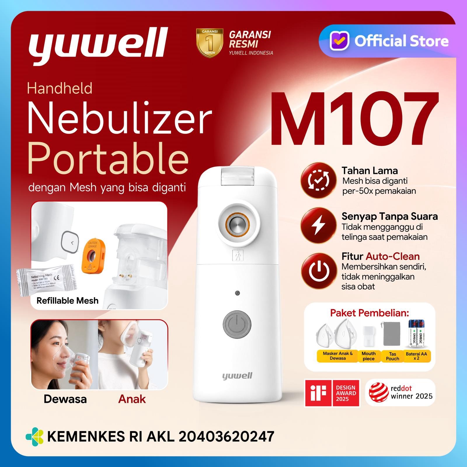 YUWELL - Nebulizer Portable M107 | Alat Terapi Uap Pernapasan Batuk Pilek Anak Dewasa | Nebu Mesh Portable M 107