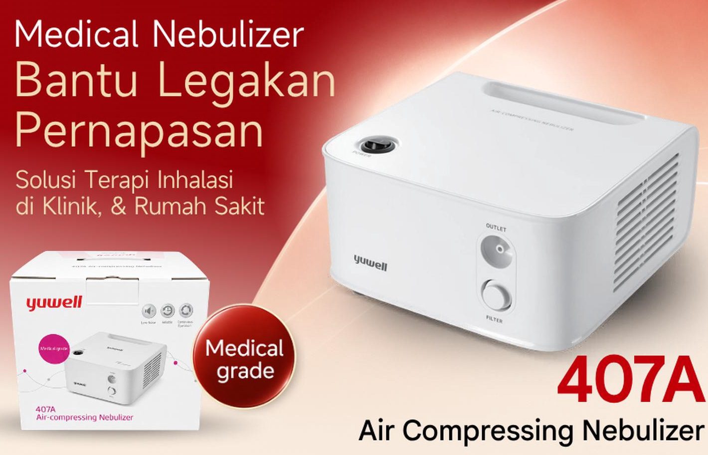 YUWELL - Nebulizer Compressor 407A | Alat Terapi Uap Pernapasan Batuk Pilek Anak Dewasa
