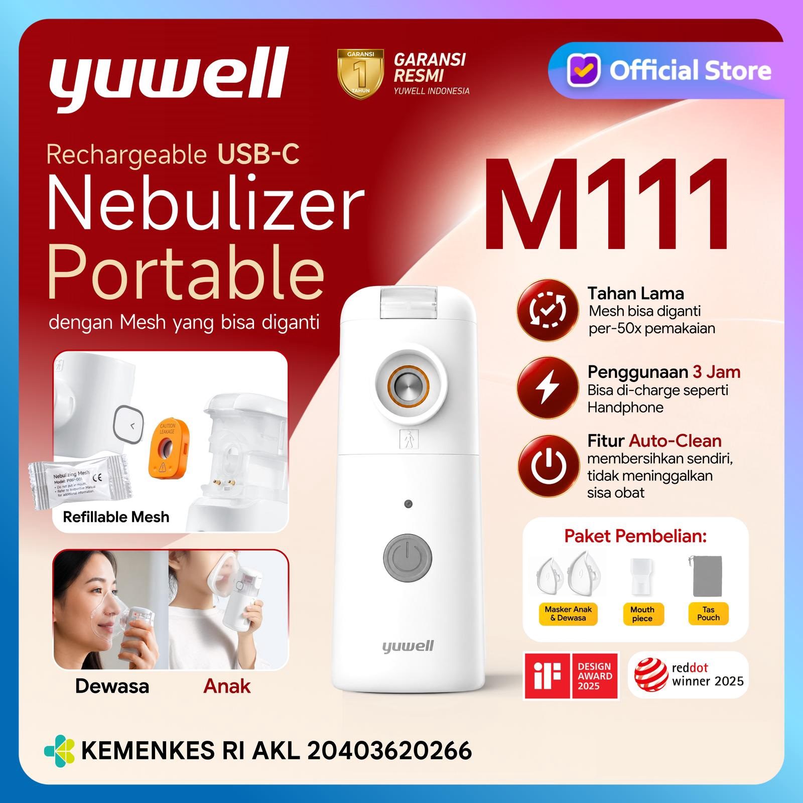 YUWELL - Nebulizer Portable M111 | Alat Terapi Uap Pernapasan Batuk Pilek Anak Dewasa | Nebu Mesh Portable M 111