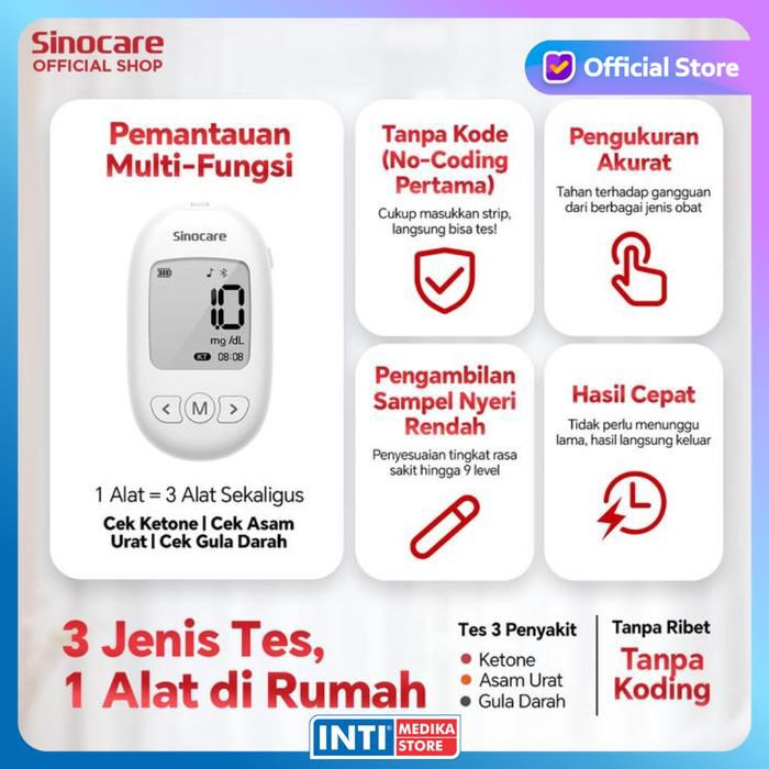 SINOCARE - Alat Cek 3in1 B-Keton + Asam Urat + Gula Darah KUG-11 Tanpa Kode Chip | Blood Ketone Uric Acid Blood Glucose KUG11 Multi-Function Monitoring System No Coding - Alat + Strip B-Keton - foto 3