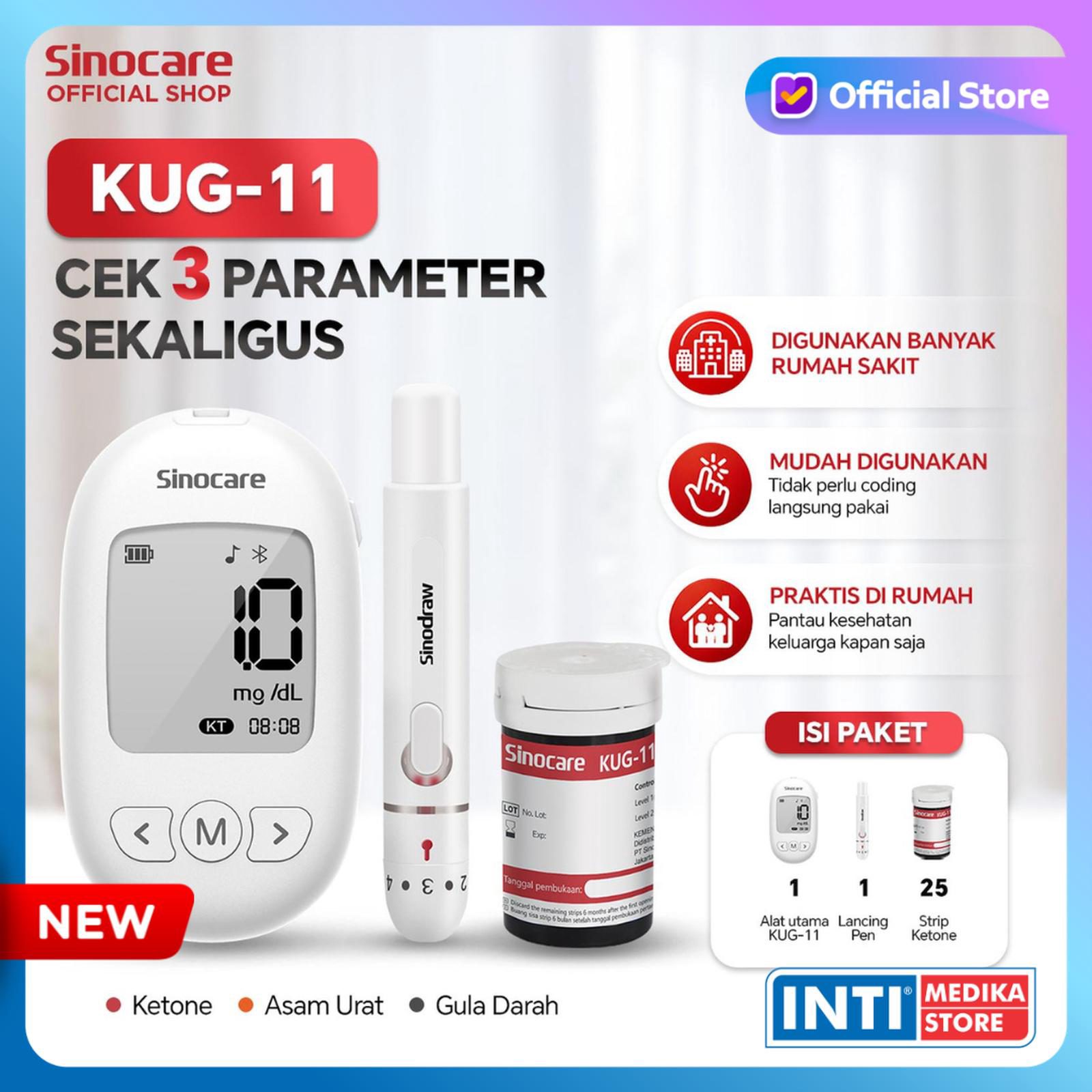 SINOCARE - Alat Cek 3in1 B-Keton + Asam Urat + Gula Darah KUG-11 Tanpa Kode Chip | Blood Ketone Uric Acid Blood Glucose KUG11 Multi-Function Monitoring System No Coding - Alat + Strip B-Keton