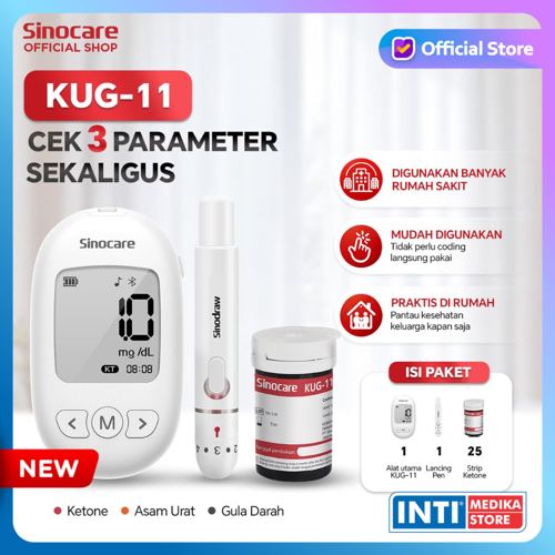 SINOCARE - Alat Cek 3in1 B-Keton + Asam Urat + Gula Darah KUG-11 Tanpa Kode Chip | Blood Ketone Uric Acid Blood Glucose KUG11 Multi-Function Monitoring System No Coding - Alat + Strip B-Keton