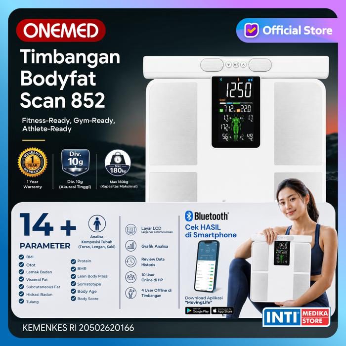 ONEMED - Timbangan Badan BMI Body Fat 852 Connect Aplikasi | Smart Digital Scale 8 Electrode Full Body Analysis Visceral Fat Body Age Bone - foto 3