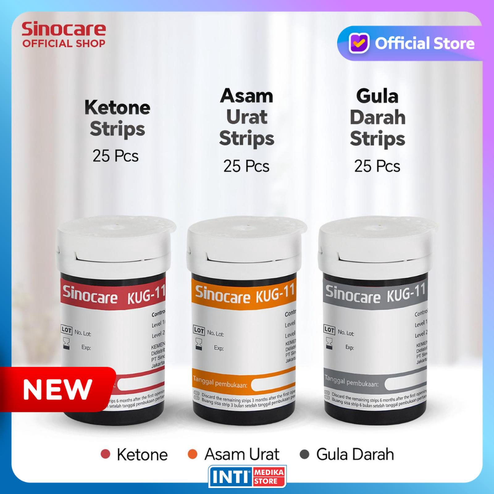 SINOCARE - Strip Tes B-Keton / Asam Urat / Gula Darah KUG-11 Tanpa Kode Chip | Refill Ketone Uric Acid Blood Glucose Test Strip Alat Cek 3in1 KUG11 No Coding - B-Ketone 25pcs