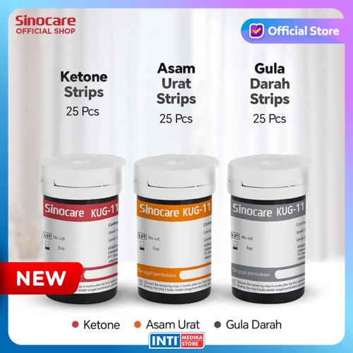 SINOCARE - Strip Tes B-Keton / Asam Urat / Gula Darah KUG-11 Tanpa Kode Chip | Refill Ketone Uric Acid Blood Glucose Test Strip Alat Cek 3in1 KUG11 No Coding - B-Ketone 25pcs