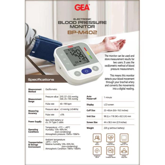 GEA - Tensimeter Digital BP-M402 DUAL USER dengan Layar LCD | Alat Ukur Tekanan Darah Tensi Digital BP M402 | Blood Pressure Monitor DUAL POWER - foto 2