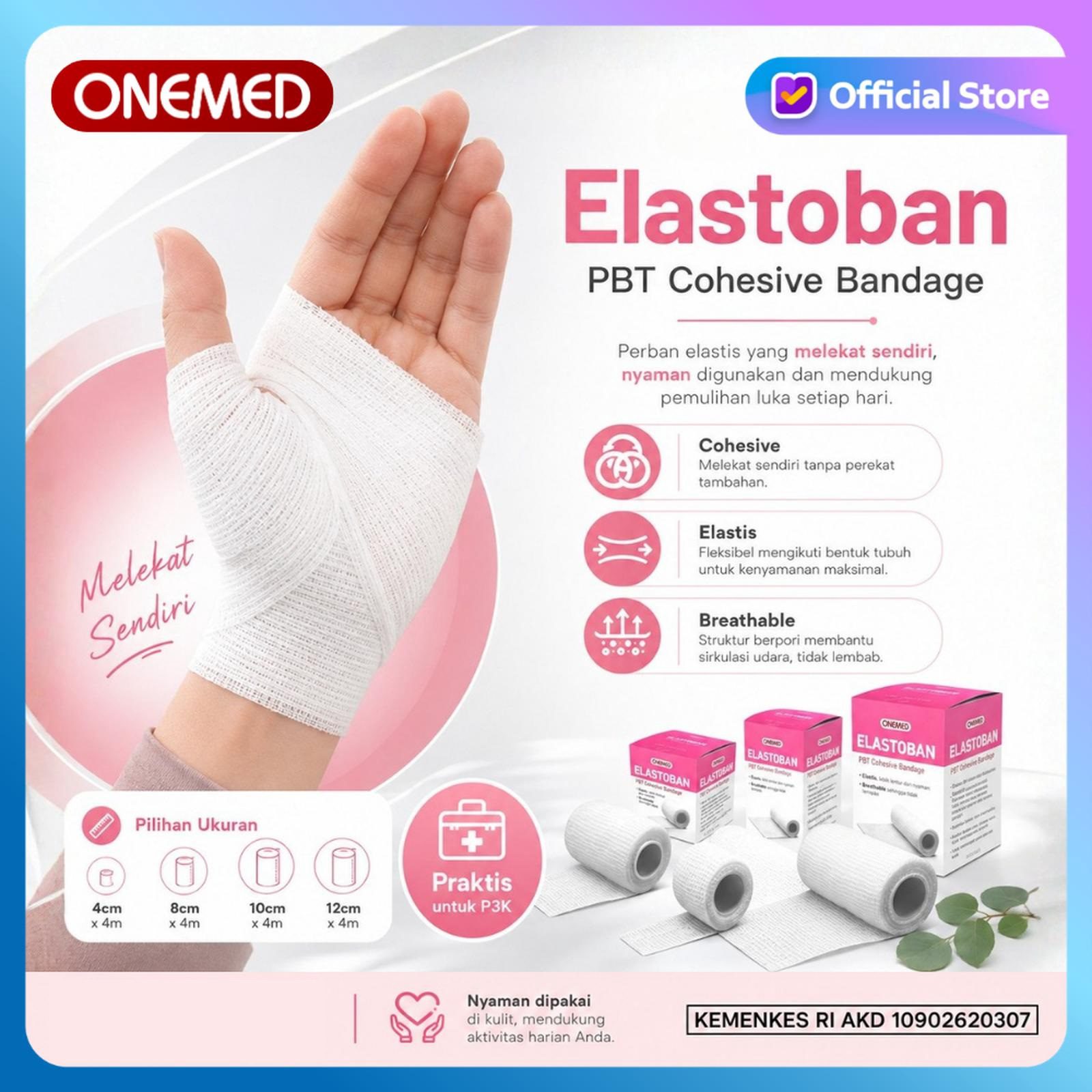 ONEMED - ELASTOBAN Self-Adhesive Cohesive Bandage | Perban Elastis Kohesif Pembalut Luka | Verban Elastis Fiksasi Luka P3K