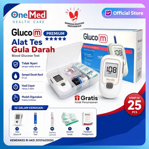 ONEMED - Alat Cek Gula Darah SIAP PAKAI Tanpa Kode Chip GLUCO M PREMIUM | Blood Glucose Monitoring System Ready to Use | Set Lengkap Cek Diabetes Instant No Coding