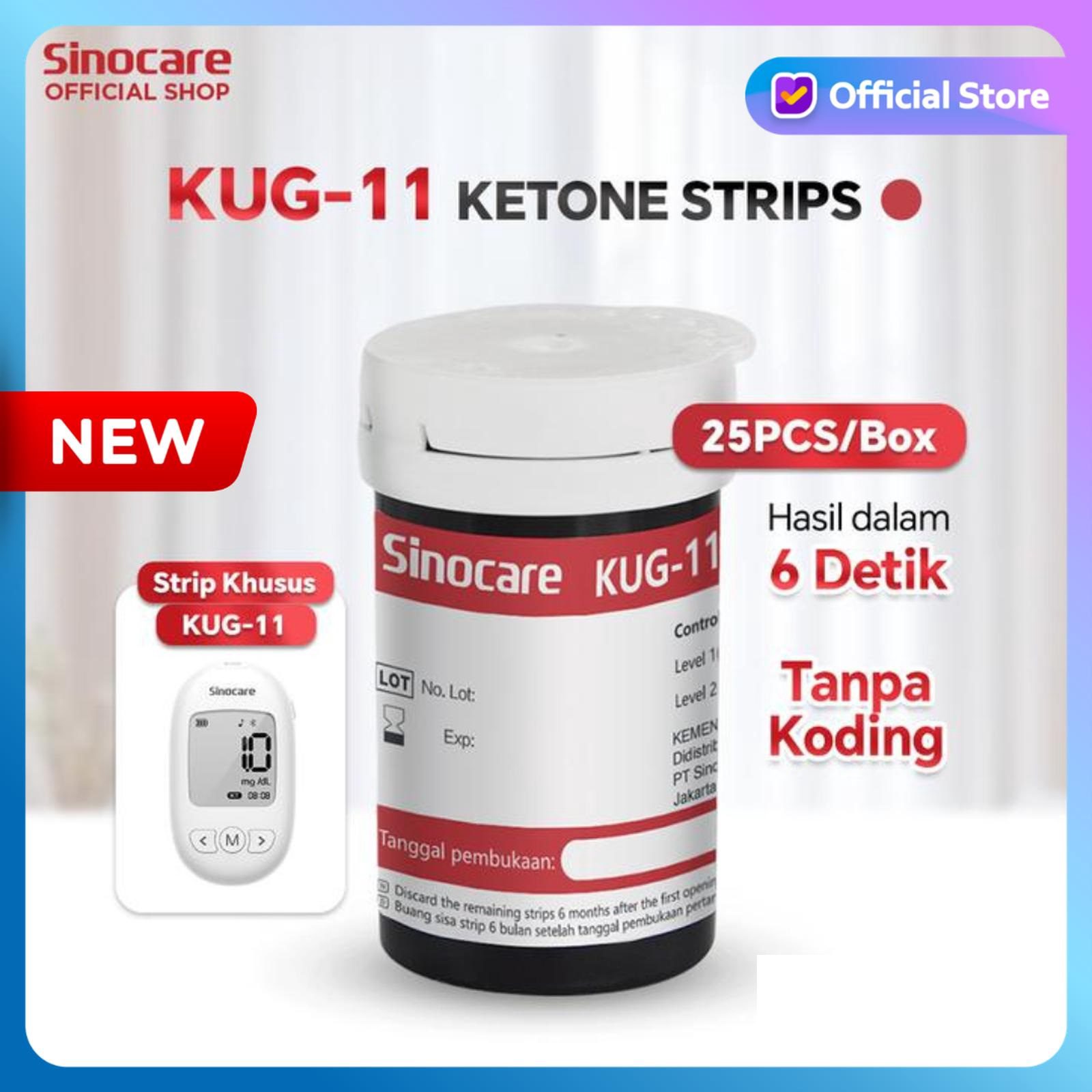 SINOCARE - Strip Tes B-KETON Isi 25 pcs KUG-11 Tanpa Kode Chip | Refill KETONE Test Strip Alat Cek 3in1 KUG11 No Coding