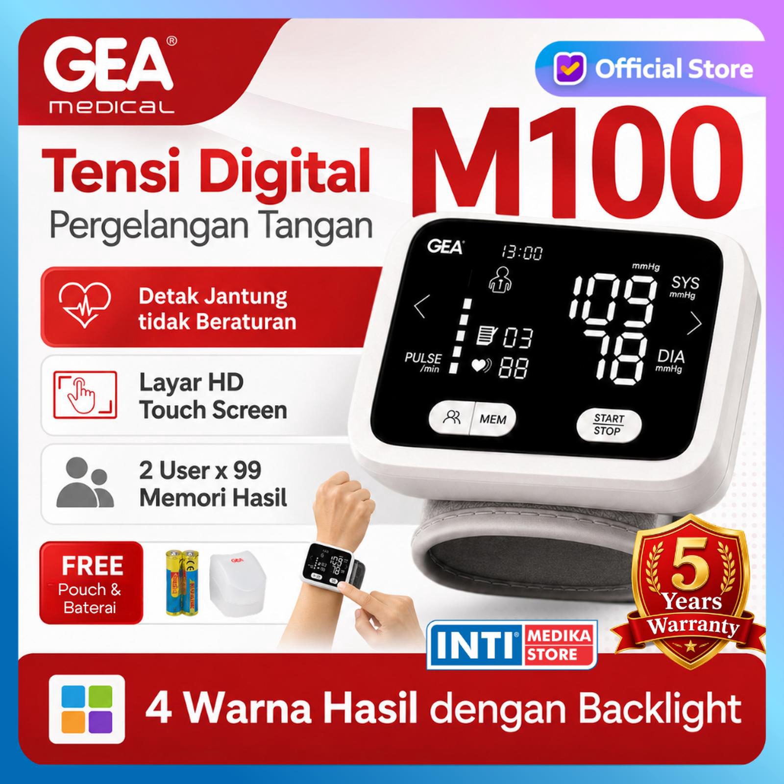 GEA - Tensimeter Digital Wrist BP-M100 dengan Layar LCD TOUCH SCREEN + Indikator Warna | Tensi Digital Tekanan Darah Pergelangan Tangan BP M100 | Blood Pressure Monitor DUAL USER
