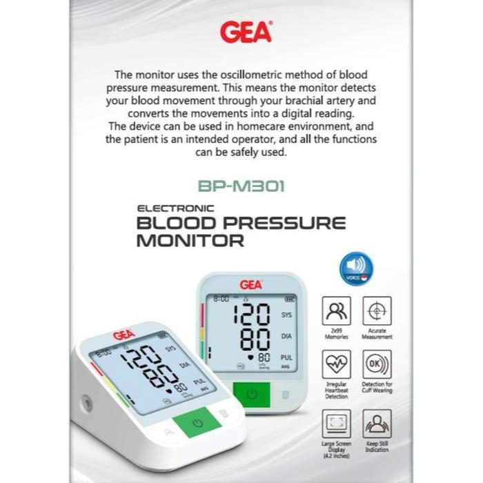 GEA - Tensimeter Digital BP-M301 DUAL USER dengan Suara + Layar Besar LCD BACKLIGHT | Alat Ukur Tekanan Darah Tensi Digital BP M301 | Blood Pressure Monitor DUAL POWER - foto 3