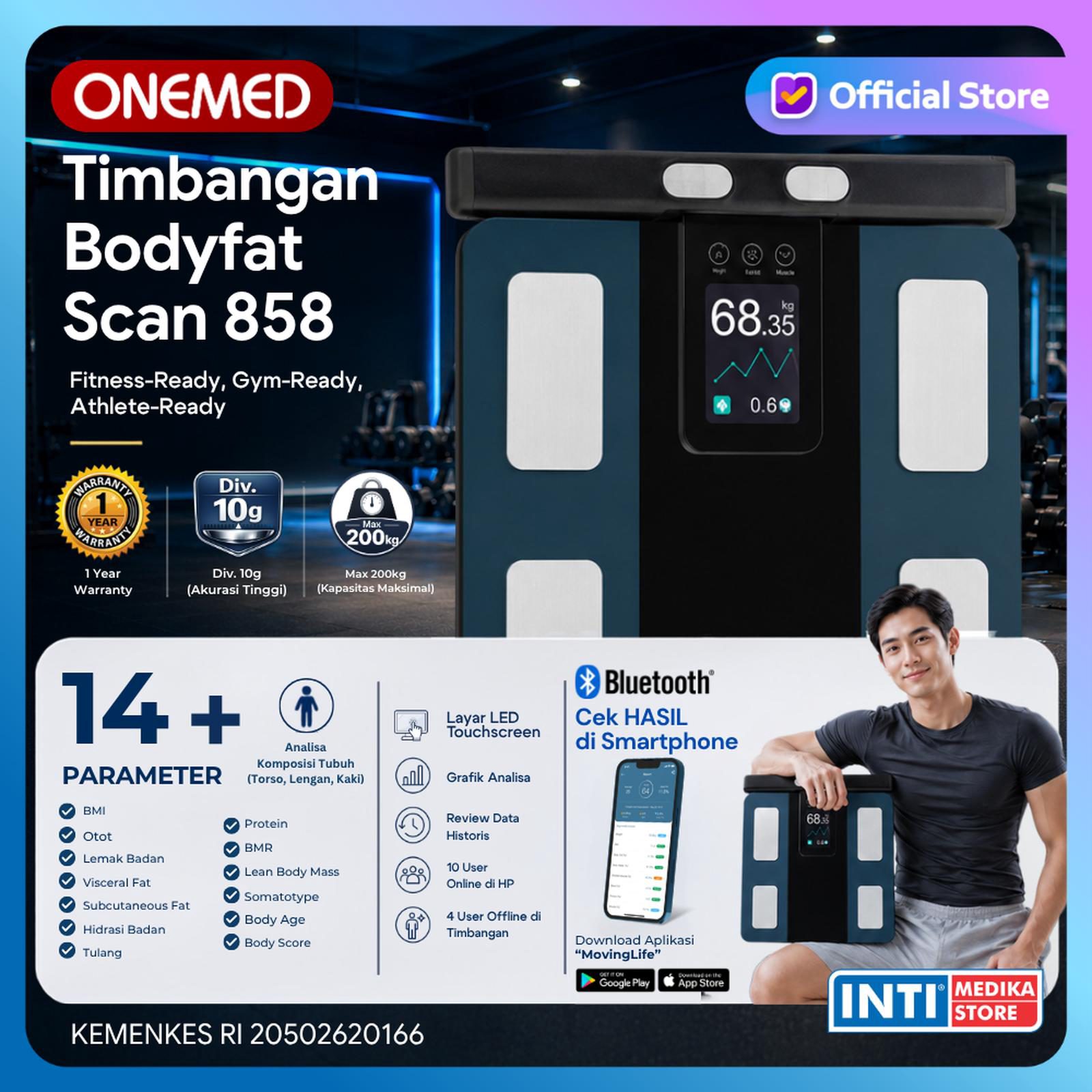 ONEMED - Timbangan Badan BMI Body Fat 858 TOUCH SCREEN + GRAFIK Connect Aplikasi | Smart Digital Scale 8 Electrode Full Body Analysis Visceral Fat Body Age Bone - foto 2