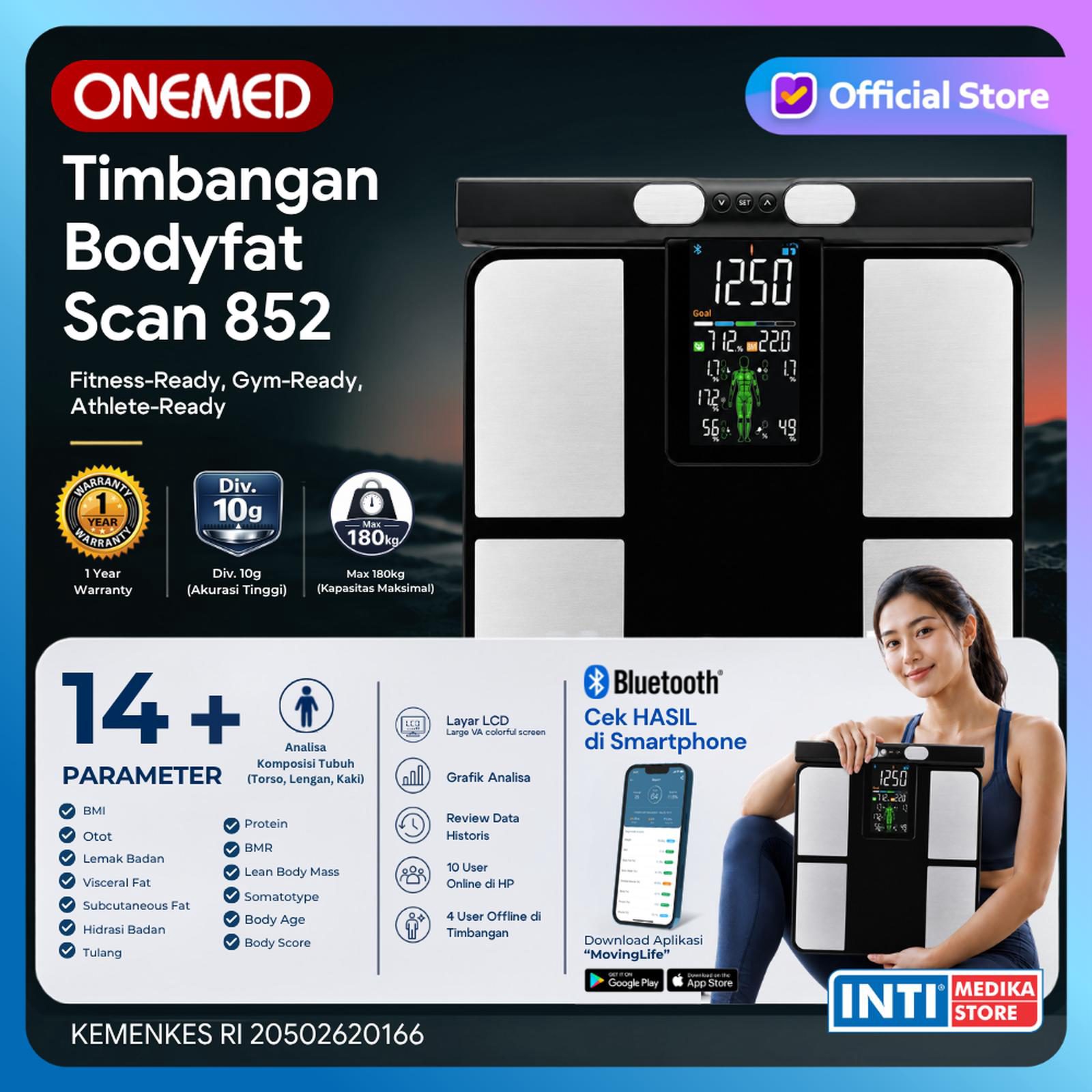 ONEMED - Timbangan Badan BMI Body Fat 852 Connect Aplikasi | Smart Digital Scale 8 Electrode Full Body Analysis Visceral Fat Body Age Bone - foto 2